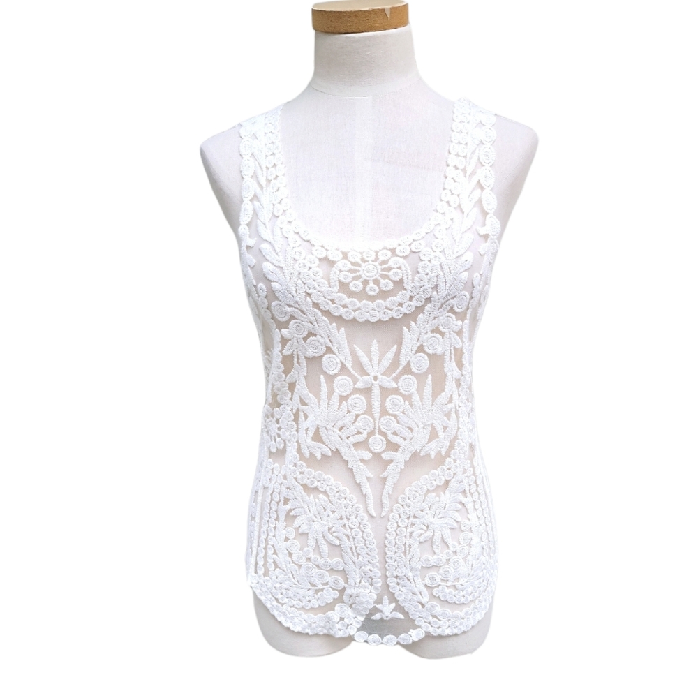 painted threads White Sheer Lace Tank Top